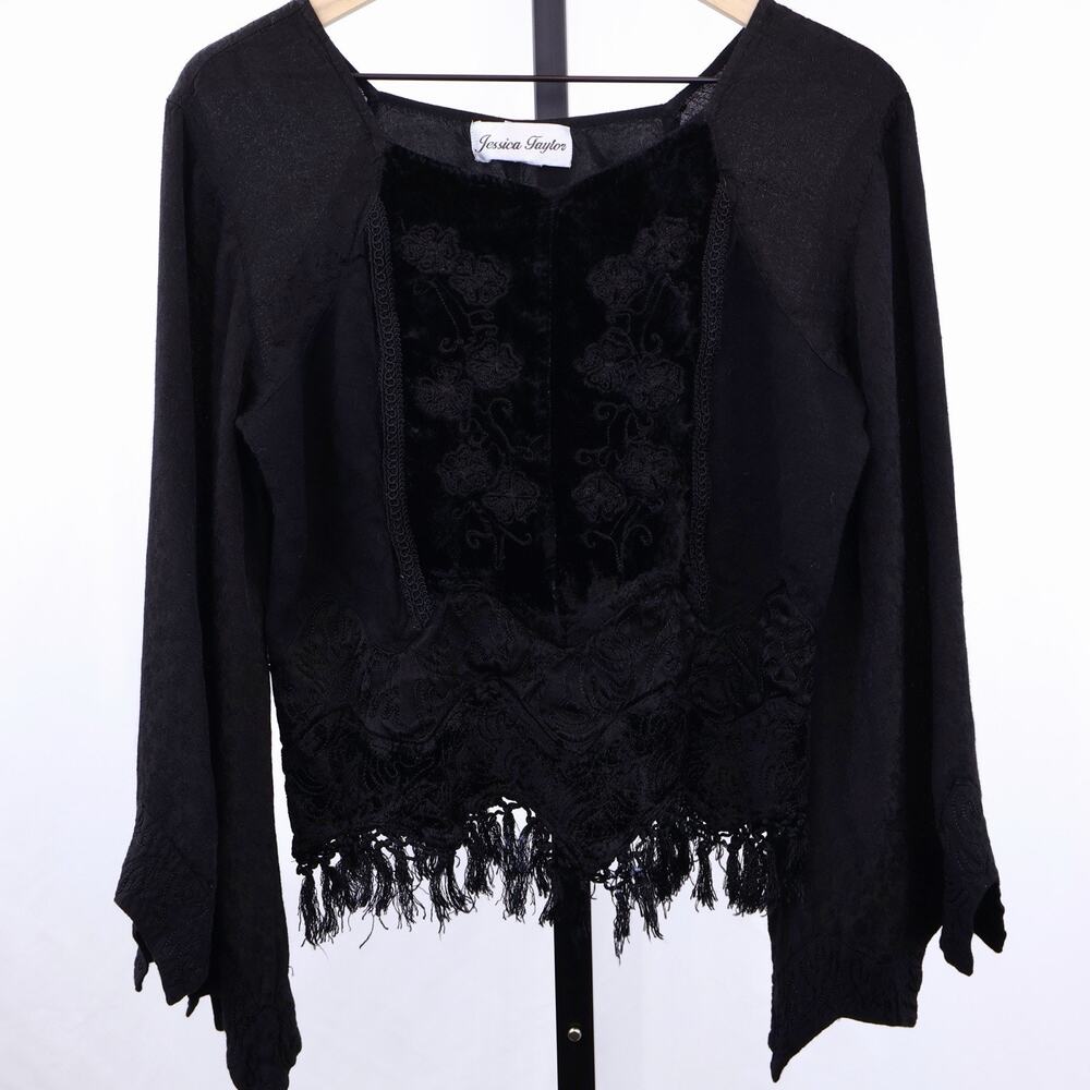 Jessica Taylor Black Velvet Embroidered Fringe Top Womens M Boho Renaissance